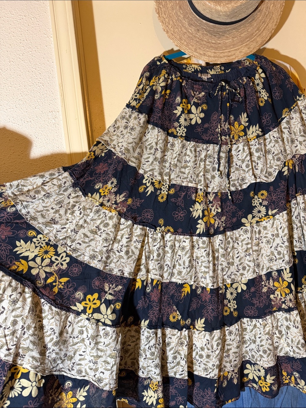 Vintage - Indian Cotton Tiered Skirt - drawstring - OSFM - 7 tiers of TWIRL! - Picture 7 of 9